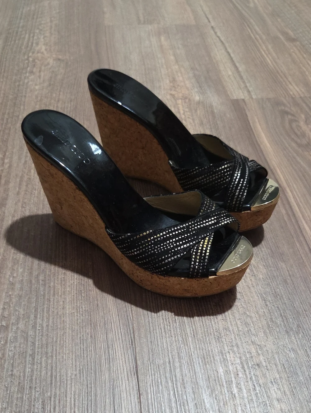 Jimmy Choo Black Cork Wedge Sandals with Metallic Accents